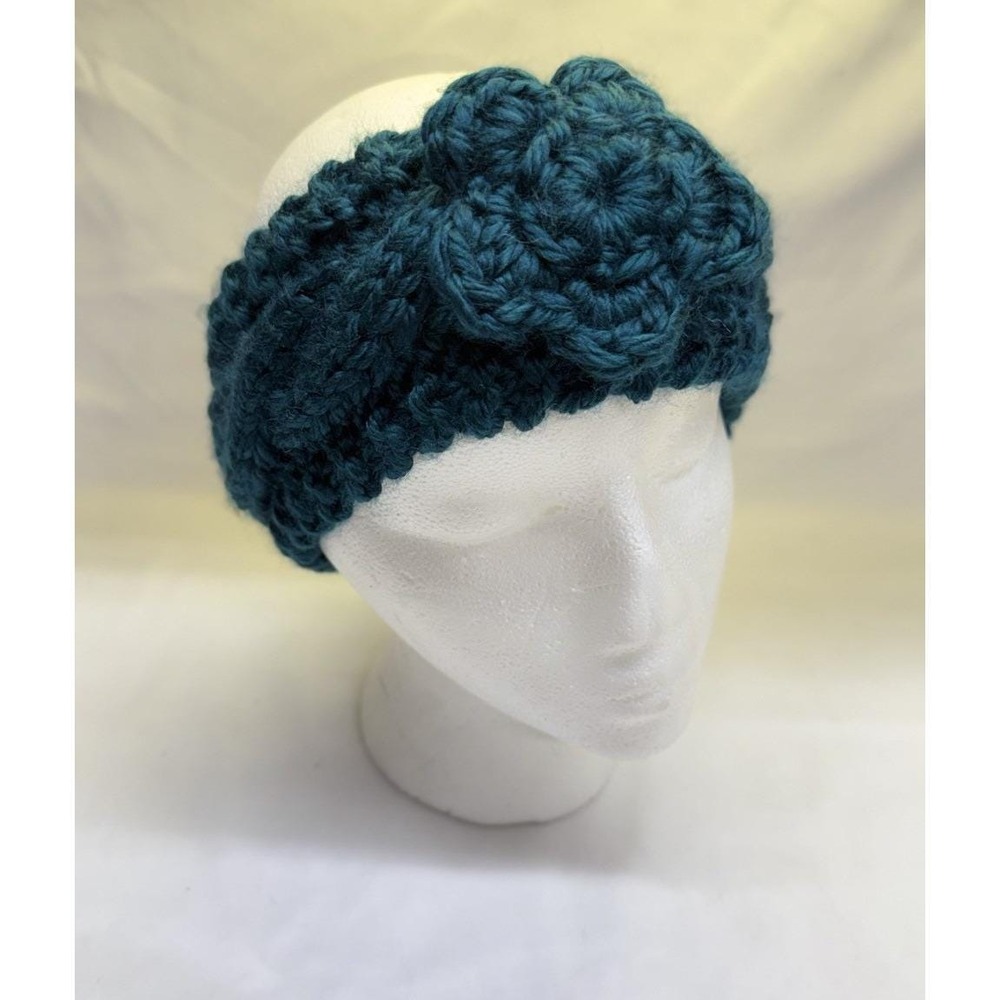 Women's Handmade Teal Knit Crochet Flower Headband Hairband Ear Warmer Headwrap